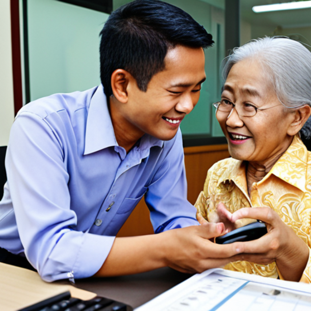 **

> A friendly customer service representative assisting an elderly Malaysian customer with technology, focusing on empathy and building customer loyalty. The scene should depict a warm and helpful interaction, perhaps in a telco office setting with recognizable Malaysian elements.

**