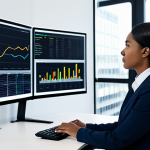A focused professional woman, ethnically diverse, dressed in a modest business suit, fully clothed, appropriate attire, professional dress. She is seated at a sleek, minimalist desk in a bright, modern office with large windows, thoughtfully analyzing data visualizations on a large monitor. The screen displays abstract, clean data charts and graphs representing customer journeys and strategic insights. Perfect anatomy, correct proportions, natural pose, well-formed hands, proper finger count, natural body proportions, professional photography, high quality, safe for work, appropriate content, fully clothed, professional.