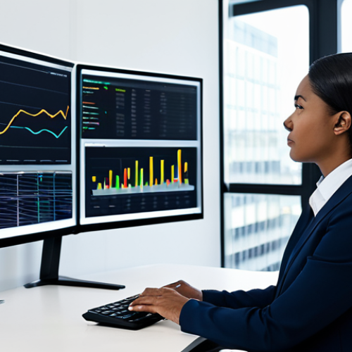 A focused professional woman, ethnically diverse, dressed in a modest business suit, fully clothed, appropriate attire, professional dress. She is seated at a sleek, minimalist desk in a bright, modern office with large windows, thoughtfully analyzing data visualizations on a large monitor. The screen displays abstract, clean data charts and graphs representing customer journeys and strategic insights. Perfect anatomy, correct proportions, natural pose, well-formed hands, proper finger count, natural body proportions, professional photography, high quality, safe for work, appropriate content, fully clothed, professional.