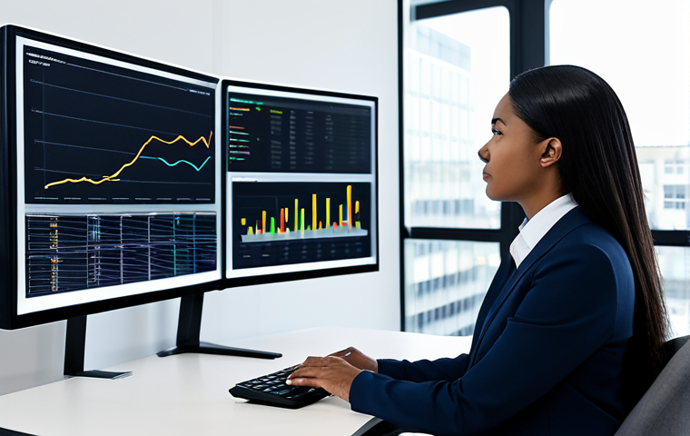 A focused professional woman, ethnically diverse, dressed in a modest business suit, fully clothed, appropriate attire, professional dress. She is seated at a sleek, minimalist desk in a bright, modern office with large windows, thoughtfully analyzing data visualizations on a large monitor. The screen displays abstract, clean data charts and graphs representing customer journeys and strategic insights. Perfect anatomy, correct proportions, natural pose, well-formed hands, proper finger count, natural body proportions, professional photography, high quality, safe for work, appropriate content, fully clothed, professional.