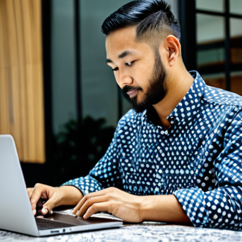 **

A Malaysian entrepreneur in a modern co-working space, fully clothed in a batik shirt and slacks, working on a laptop. The background features diverse individuals collaborating in a bright and open environment.  Perfect anatomy, correct proportions, natural pose, well-formed hands, proper finger count, natural body proportions, professional photography, high quality, safe for work, appropriate content, professional, modest, family-friendly.

**